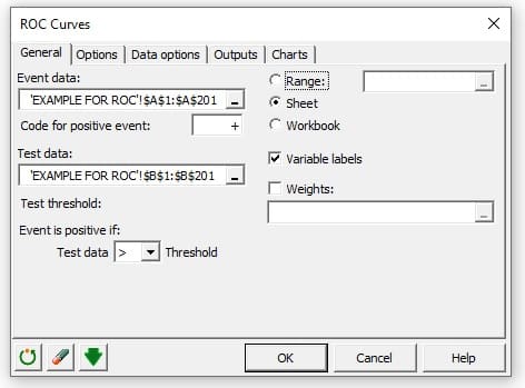تنظیمات نرم افزار XLSTAT برای رسم منحنی ROC